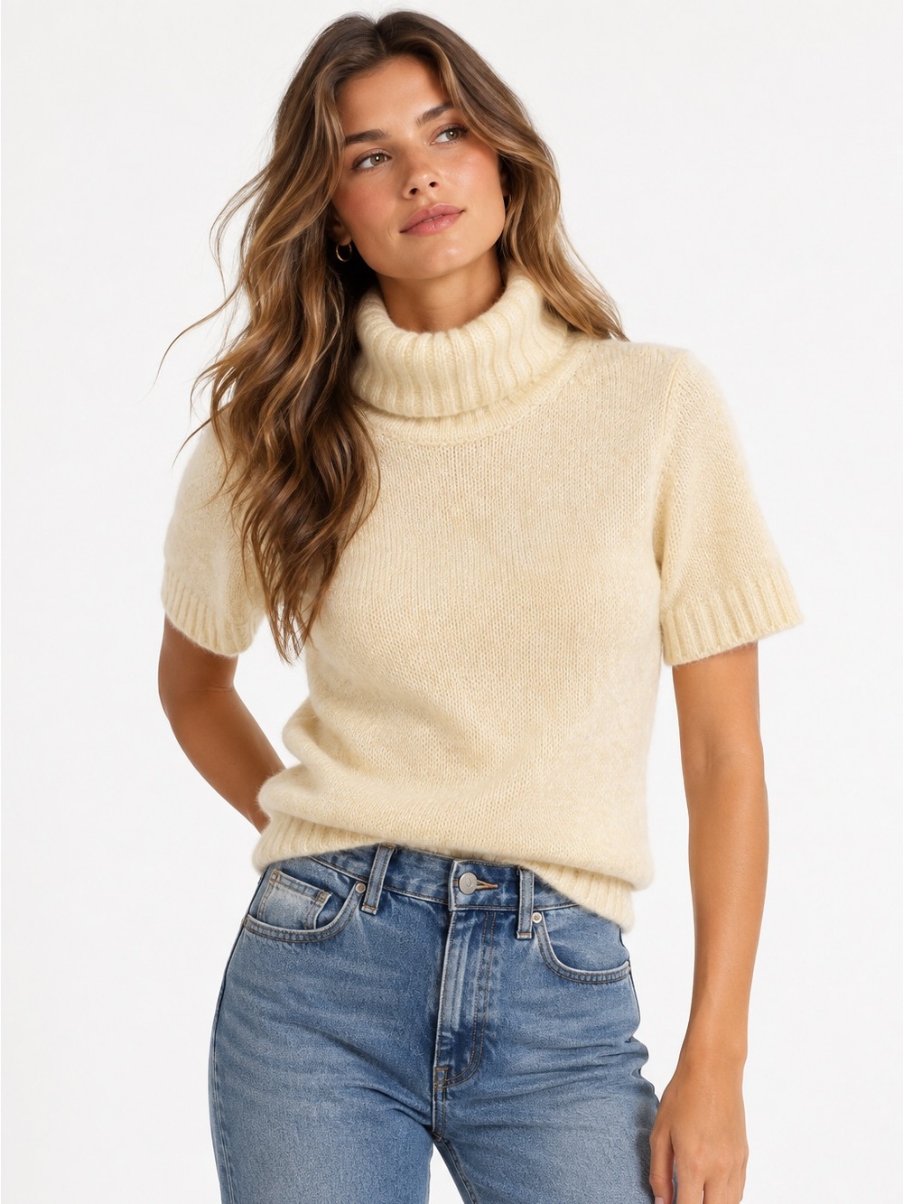 Abercrombie & Fitch Butter Yellow Short Sleeve Fuzzy Turtleneck